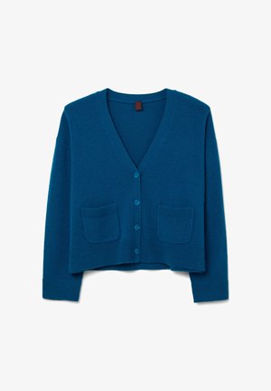 Teal knitted cardigan with a v-neck, cropped design, button front, and two front pockets. Ribbed cuffs and hem add texture.