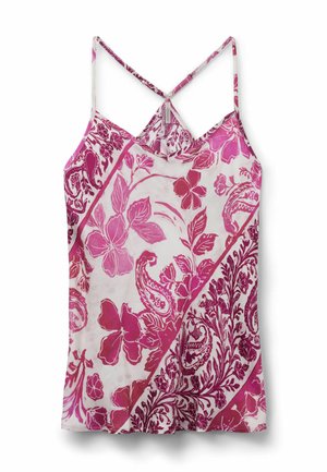 Różowy i biały kwiecisty top bez rękawów z cienkimi krzyżującymi się ramiączkami i mieszanymi wzorami botanicznymi oraz paisley.