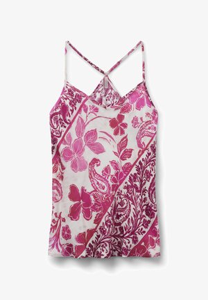 Różowy i biały kwiecisty top bez rękawów z cienkimi krzyżującymi się ramiączkami i mieszanymi wzorami botanicznymi oraz paisley.
