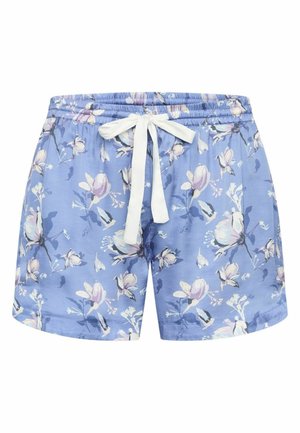 Bloemen shorts in lichtblauwe stof met een elastische tailleband. Heeft roze en witte bloemenpatronen, een zachte textuur en een ontspannen pasvorm.