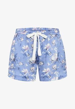 Květované šortky z světle modré látky s elastickým pasem. Obsahují růžové a bílé květinové vzory, měkkou strukturu a volný střih.