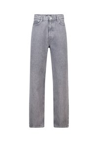 Vaqueros de mezclilla gris claro con corte recto, cintura alta, cinco bolsillos y un sutil detalle de costura en las costuras. Acabado sin desgaste.