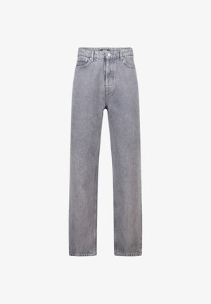 Light gray denim jeans with a straight cut, high waist, five pockets, and subtle stitching detail on the seams. Non-distressed finish.