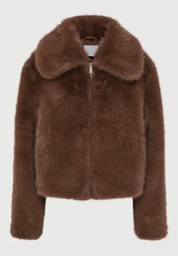 Καφέ ψεύτικη γούνα παλτό με φαρδύ γιακά, φερμουάρ και μακριά μανίκια. Μαλακή υφή με πλούσια εμφάνιση και κοντή σχεδίαση.