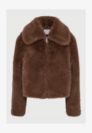 Bruine nepbontjas met een brede kraag, een ritssluiting en lange mouwen. Zachte textuur met een pluizig uiterlijk en een cropped ontwerp.