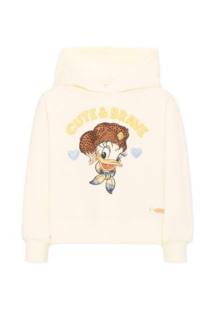 Bluza z kapturem w kolorze kremowym z kreskówkową kaczką noszącą szalik, otoczoną dwoma niebieskimi sercami i tekstem "CUTE & BRAVE" powyżej.