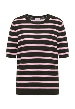 Top nero a maniche corte in maglia con strisce orizzontali rosa e scollatura rotonda, caratterizzato da un motivo tessuto a rilievo.