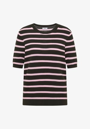 Zwart gebreid kort mouwtoppie met horizontale roze strepen en een ronde hals, met een gestructureerd stofpatroon.