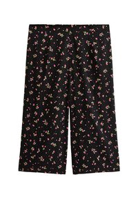 Svarta culotter med ett blommönster som har rosa rosor och vita blommor, tillverkade i lätt tyg. Längd till mitten av vaden, avslappnad passform.