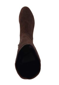Brown suede knee-high boot with a sleek silhouette, rounded toe, and a smooth texture; features a side zipper for easy wear.