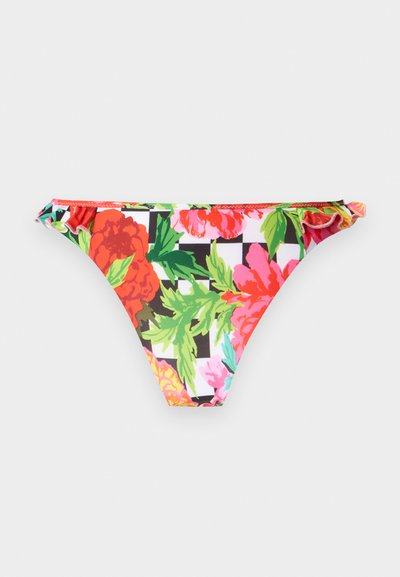 Μπικίνι κάτω μέρος με λουλουδάτο σχέδιο, πράσινα φύλλα, ροζ και κόκκινα λουλούδια, σε φόντο ασπρόμαυρο καρό, με μικρές βολάν στα πλάγια.