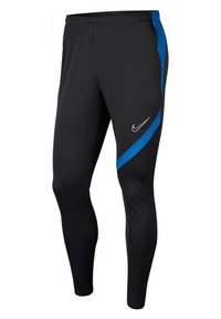 Zwarte sportbroek met een blauwe zijstreep, gemaakt van rekbaar materiaal; voorzien van een logo op de voorkant en een elastische tailleband.