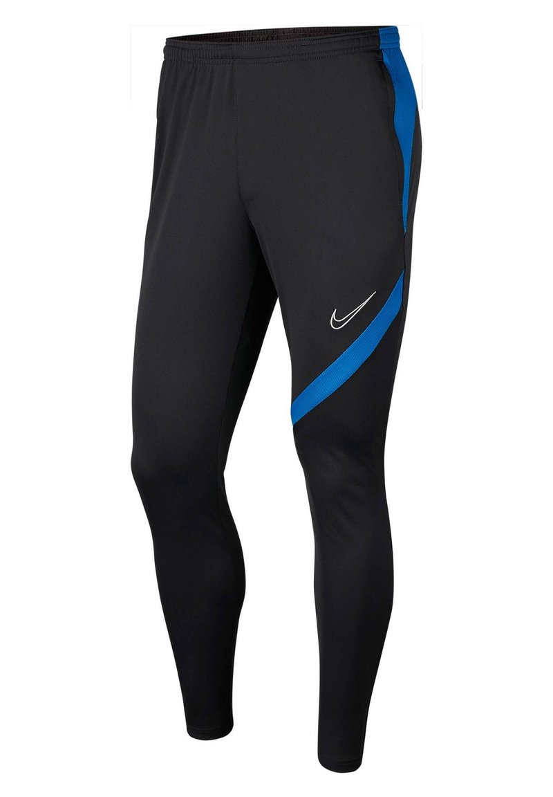 Zwarte sportbroek met een blauwe zijstreep, gemaakt van rekbaar materiaal; voorzien van een logo op de voorkant en een elastische tailleband.