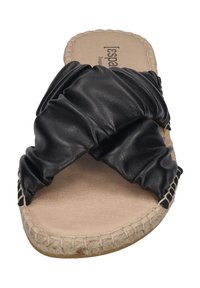 Black leather slide sandal with gathered upper design, natural color insole, and jute-style stitching along the edge. Flat sole.