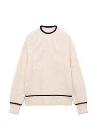 Rippstrick-Pullover in Creme mit schwarzen Akzenten am Kragen und Saum. Mit langen Ärmeln und lockerem Schnitt.