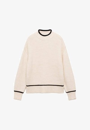 Geribbelde gebreide pullover trui in crème met zwarte accenten bij de kraag en onderzoom. Heeft lange mouwen en een ontspannen pasvorm.