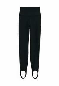 Svarta leggings med hög midja, tillverkade av mjukt material. Har öppningar vid anklarna och en slät yta utan synliga mönster.