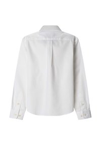 Camicia bianca a maniche lunghe, in cotone, collo classico, piega sul retro, orlo arrotondato, polsini con un bottone, tessuto liscio.