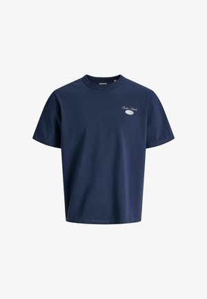 Granatowy bawełniany t-shirt z klasycznym okrągłym dekoltem, krótkimi rękawami i małym haftowanym logo na piersi.