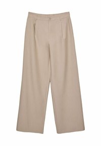 Pantalon beige à jambes larges fabriqué à partir d'un tissu texturé, avec des plis sur le devant, une fermeture à bouton et deux poches latérales.
