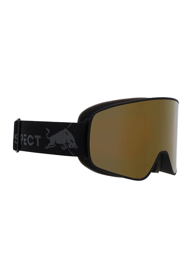 Schwarze Skibrille mit einer breiten goldenen Linse, Schaumstoffpolsterung um den Rahmen und einem verstellbaren Band mit einem grau gefärbten Logo.