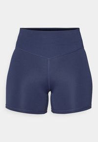 Navy blue athletic shorts made of stretchy material with a high waistband, featuring seamless stitching and a fitted design.