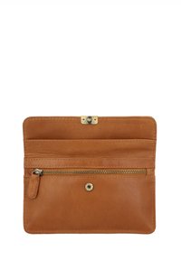 Brown leather wallet with a snap closure and a front zipper pocket, shown open on a white background.