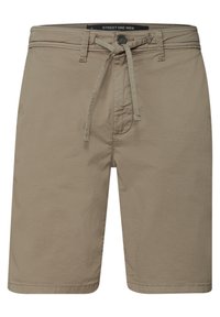 Shorts beige en coton pour homme avec bouton devant, taille avec cordon, passants de ceinture et poches latérales.