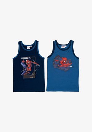 Two cotton tank tops; one navy with a Spider-Man graphic and text, the other light blue with a Spider-Man design on a textured background.