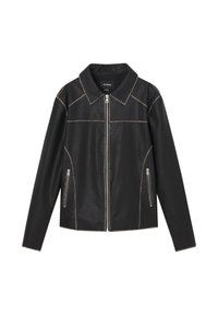 Black leather jacket with a collar, front zipper, and two side pockets. Features contrasting stitching in a lighter color.