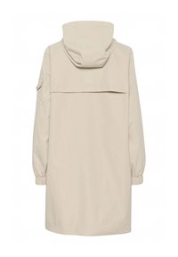 Helle beige Regenjacke mit Kapuze, elastischen Bündchen und einem Rückenfalz. Hergestellt aus glattem, wasserabweisendem Material.