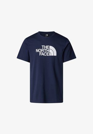 Granatowa bawełniana koszulka z krótkim rękawem z dużą białą grafiką logo "THE NORTH FACE" oraz wzorem półmisternym z przodu.