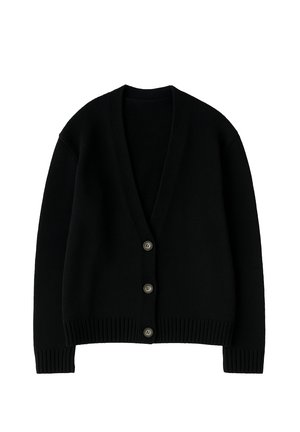 Czarny dzianinowy kardigan z długimi rękawami, prążkowanymi mankietami i dołem, z głębokim dekoltem w serek i trzema guzikami z przodu.