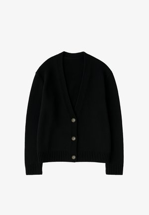 Czarny dzianinowy kardigan z długimi rękawami, prążkowanymi mankietami i dołem, z głębokim dekoltem w serek i trzema guzikami z przodu.