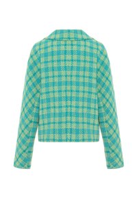 Giacca corta in lana a quadri teal e gialla con colletto e maniche lunghe, caratterizzata da un tessuto testurizzato e una vestibilità ampia.