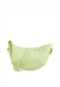 Borsa a tracolla di colore verde chiaro con forma arrotondata, tracolla regolabile, chiusura con zip e superficie testurizzata.