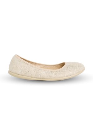 Beige fabric ballet flat with a rounded toe and a soft, flexible sole. Features a textured surface and a smooth inner lining.