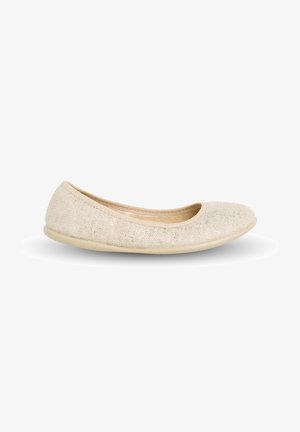 Beige fabric ballet flat with a rounded toe and a soft, flexible sole. Features a textured surface and a smooth inner lining.