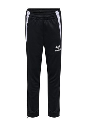 Schwarze Sporthose mit weißen Seitenstreifen, Reißverschlusstaschen, elastischem Bund und weißem Hummel-Logo am oberen linken Bein.