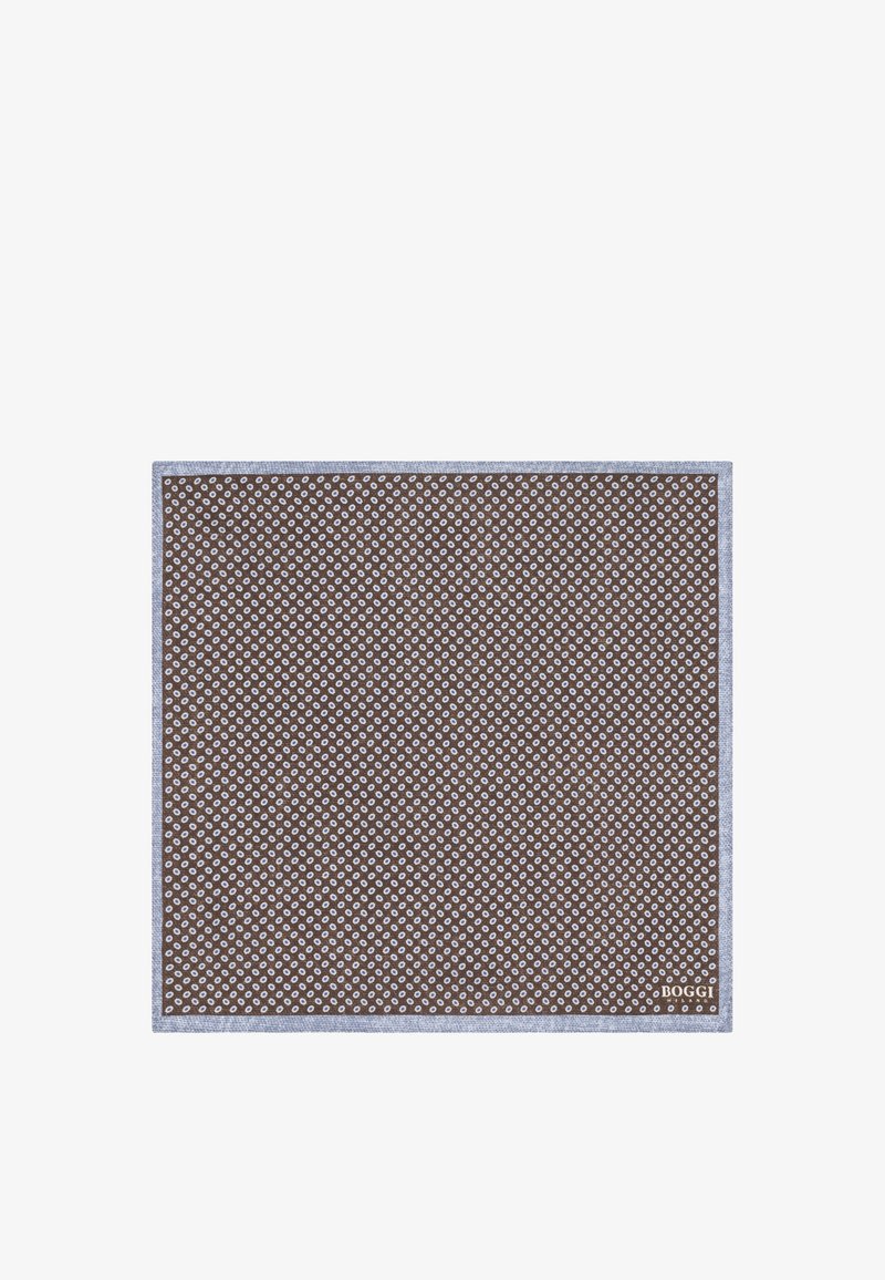 Rudas kišeninis nosinėlis šviesiai mėlynais burbuliukais ir šviesiai mėlynu kraštu, apatiniame dešiniame kampe mažas „BOGGI“ logotipas.