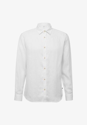 Biała koszula z długim rękawem, uszyta z lnu, z kołnierzykiem zapinanym na guziki, drewnianymi guzikami oraz prostym krojem z zaokrąglonym dołem.