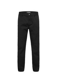 Pantaloni neri in cotone con una texture morbida, design a gamba dritta, vita elasticizzata e chiusura frontale con bottone e cerniera.
