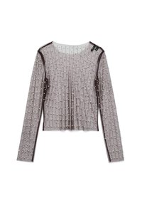 Sheer, long-sleeve top in light purple with a dotted pattern of small, round embellishments. Finished with dark purple trim along edges.