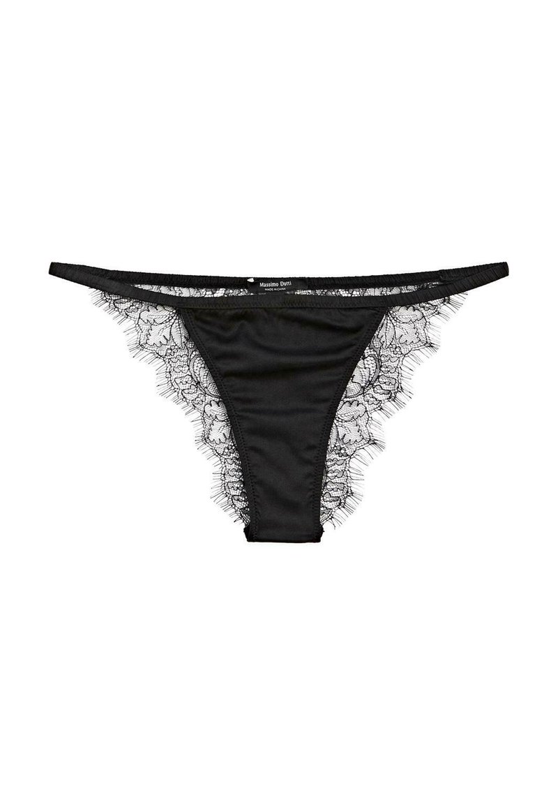 Sort blonde trusse med delikate blomster mønstre, der har et glat midterpanel og gennemsigtige blondekanter for ekstra tekstur.