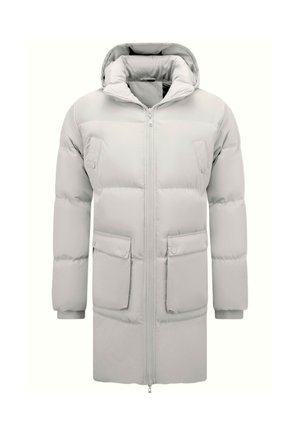 Lichtgrijze lange gewatteerde winterjas met capuchon, ritssluiting aan de voorkant, twee klepzakken en geribbelde manchetten aan de mouwen.