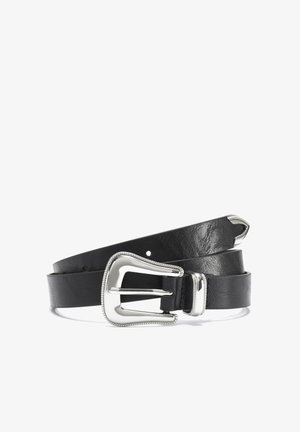 Black leather belt featuring a silver metal buckle with a textured edge, flat strap design, and several adjustment holes.