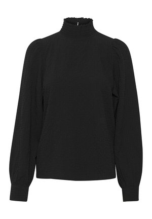 Blusa negra texturizada con un alto cuello con volantes, mangas largas abullonadas y puños ajustados. Corte relajado y tejido suave.