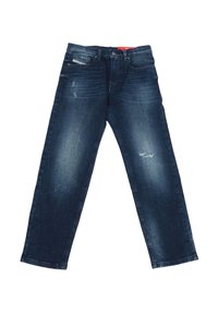 Temno modri kavbojki z ravnim krojem, obrabljenimi detajli in subtilnim zbledeljem. Klasičen stil s petimi žepi in gumbnim zapiranjem.