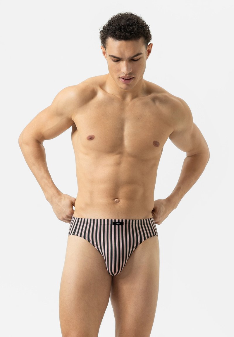 Zwarte en roze gestreepte slips met een zachte tailleband en logolabel, voorzien van een snug fit en een gladde stofstructuur.