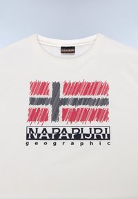 White cotton t-shirt featuring a graphic of the Norway flag in red, black, and white with "NAPAPIJRI geographic" text below.